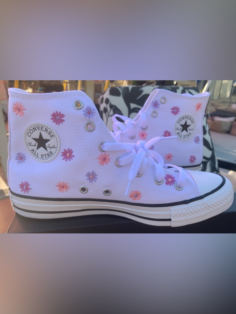 NEW BiG Kids Converse White High Top Sneakers Pink & Peach Daisy Embroidery - Picture 3 of 7